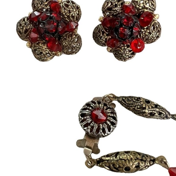Vintage Accessories - 1950s Vintage Brass FILIGREE and RED glass rhinestones